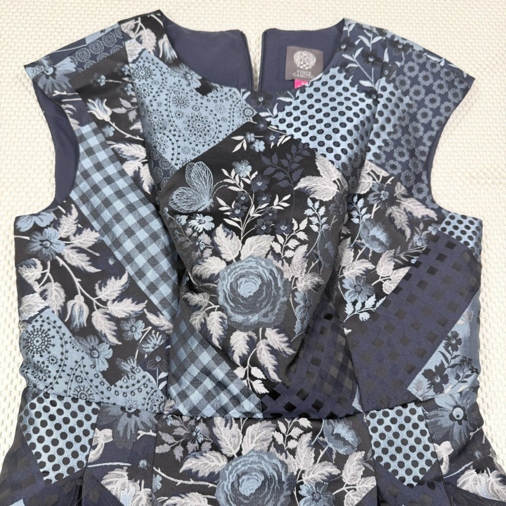 Vince Camuto Size 6 Patchwork Floral Jacquard Fit & Flare Dress Blue Black - Picture 2 of 8